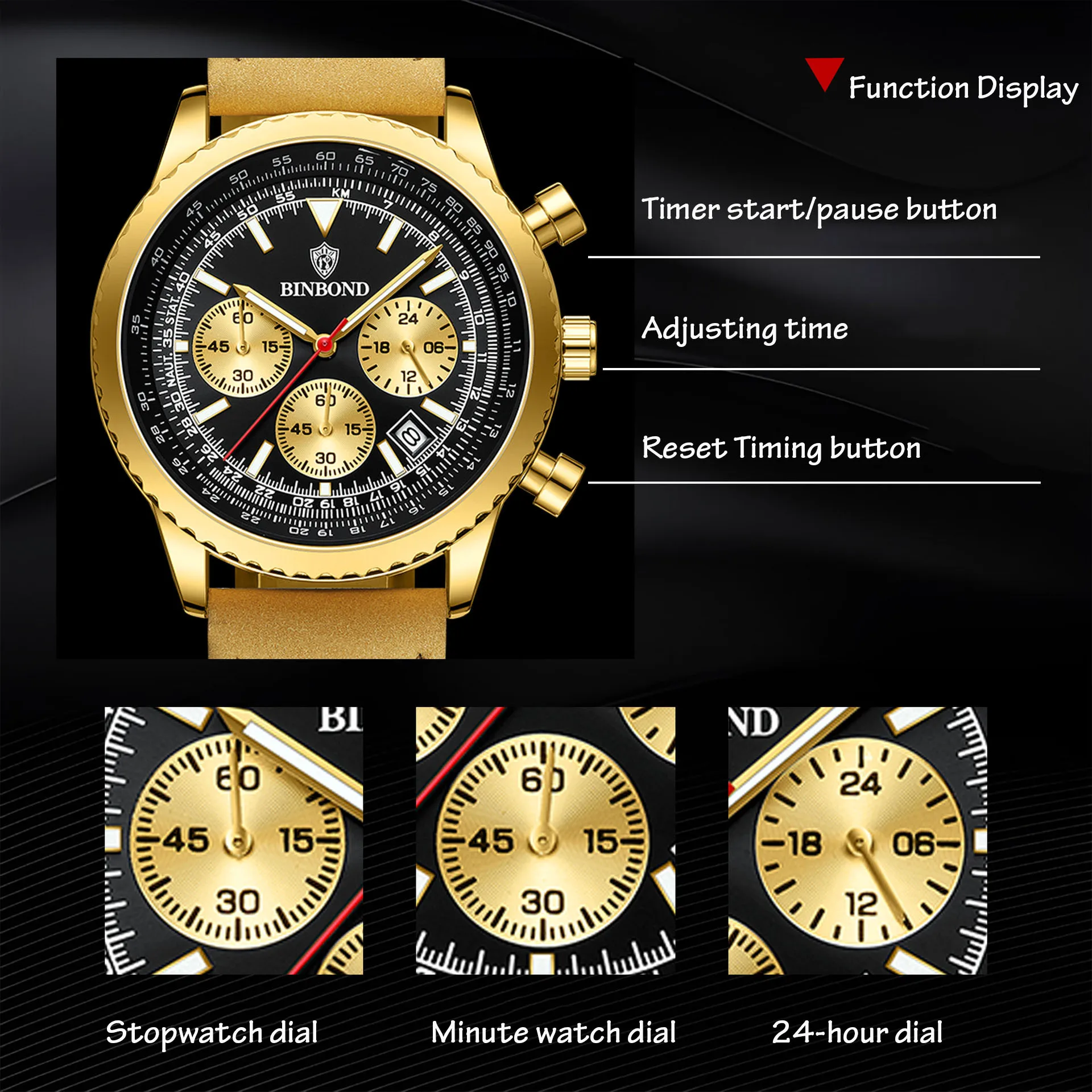 ساعة رياضية فاخرة للرجال ساعات عسكرية جلدية مقاومة للماء تقويم مضيء كرونوغراف ساعة يد كوارتز عصرية للرجال