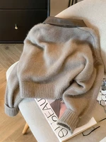 Patchwork Zipper Cropped Cardigan Women 400g Thick Autumn Knitted Sweater Bomber Jacket Vintage 2000s Short Fitted Knitwear Coat - Image 2