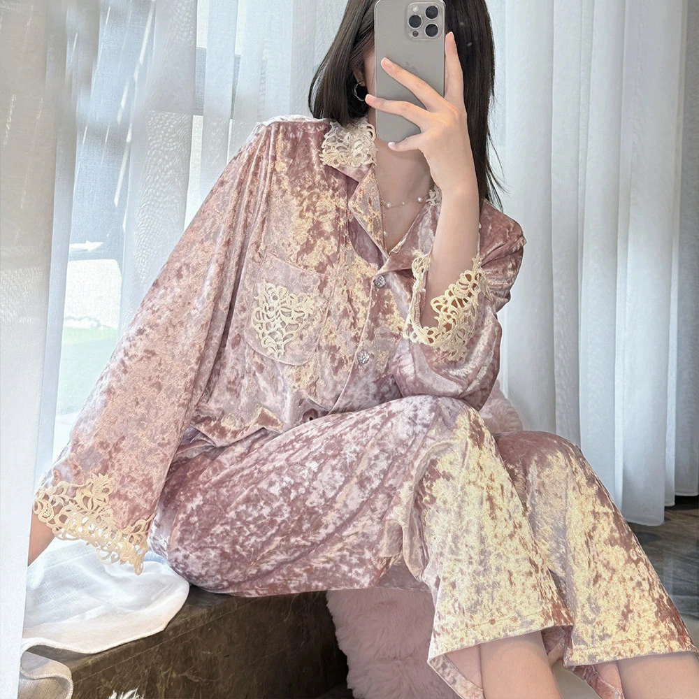 

Осень-зима, новый бархатный пижамный комплект, сорочка, одежда для сна, женская ночная рубашка, кардиган, брюки, пижамный костюм, свободная повседневная велюровая домашняя одежда