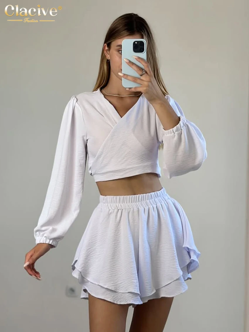 

Clacive Fashion Loose White Women's Two Pieces Set 2025 Elegant Long Sleeve Crop Top With High Waist Ruffles Shorts Set Female