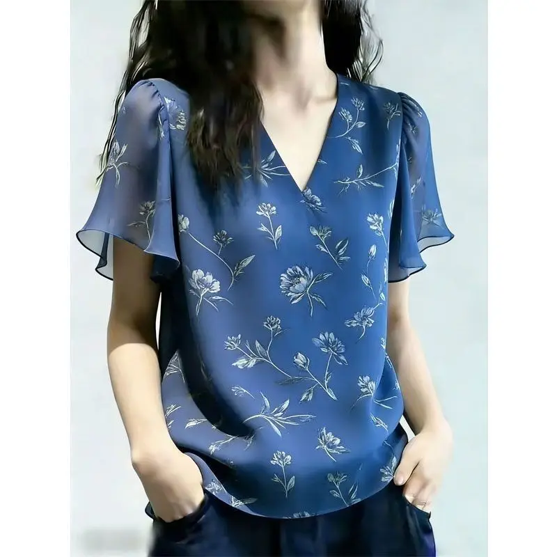 V Neck Chiffon Printing Elegant Shirt Tops New Summer Thin Loose All-match Temperament Blouse Fashion Vintage Women Clothing