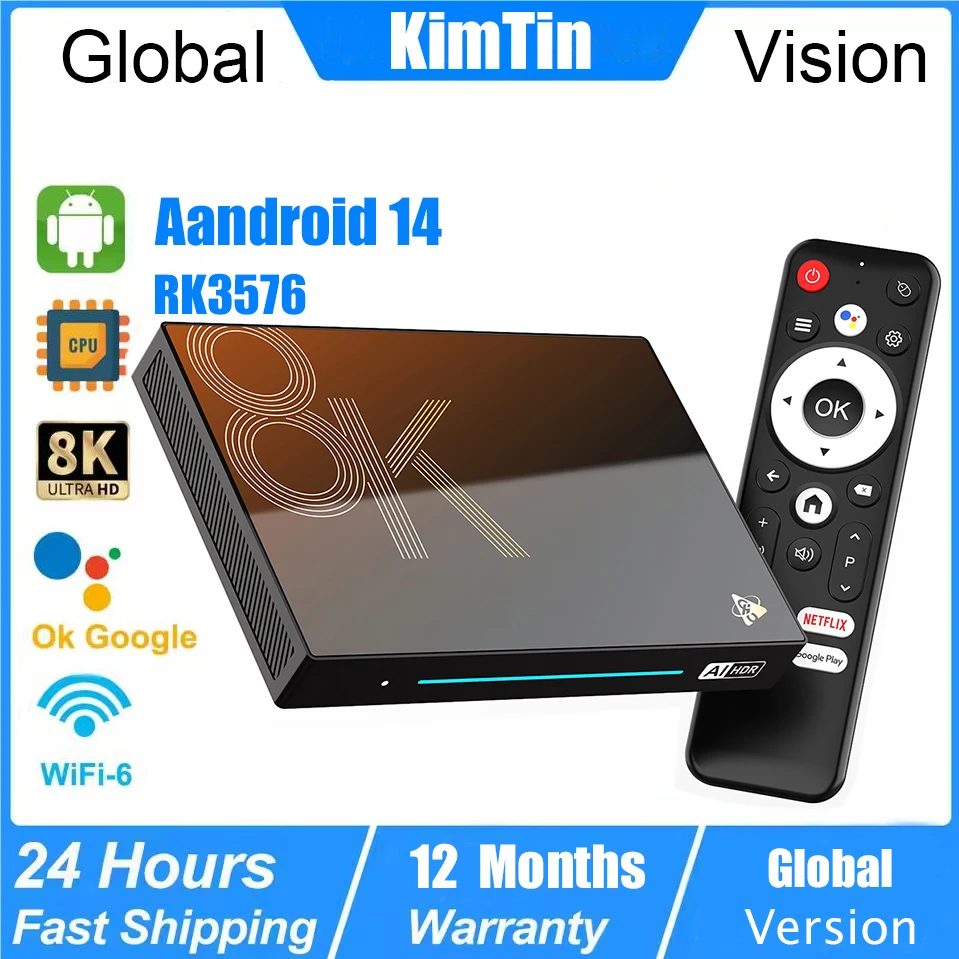

KimTin 8K Android 14 TV Box Octa Core 8GB 128GB WiFi 6 HDMI2.1 4K AV1 HDR 4G 32G 1000M LAN Set Top Box Support Premium Streaming
