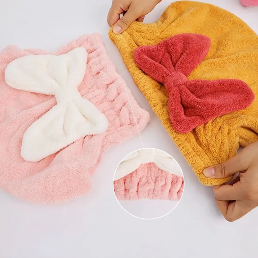 Bowknot Solid Color Dry Hair Hat Absorbent Thick Dry Hair Towel Bathroom Coral Velvet Bath Towels Women