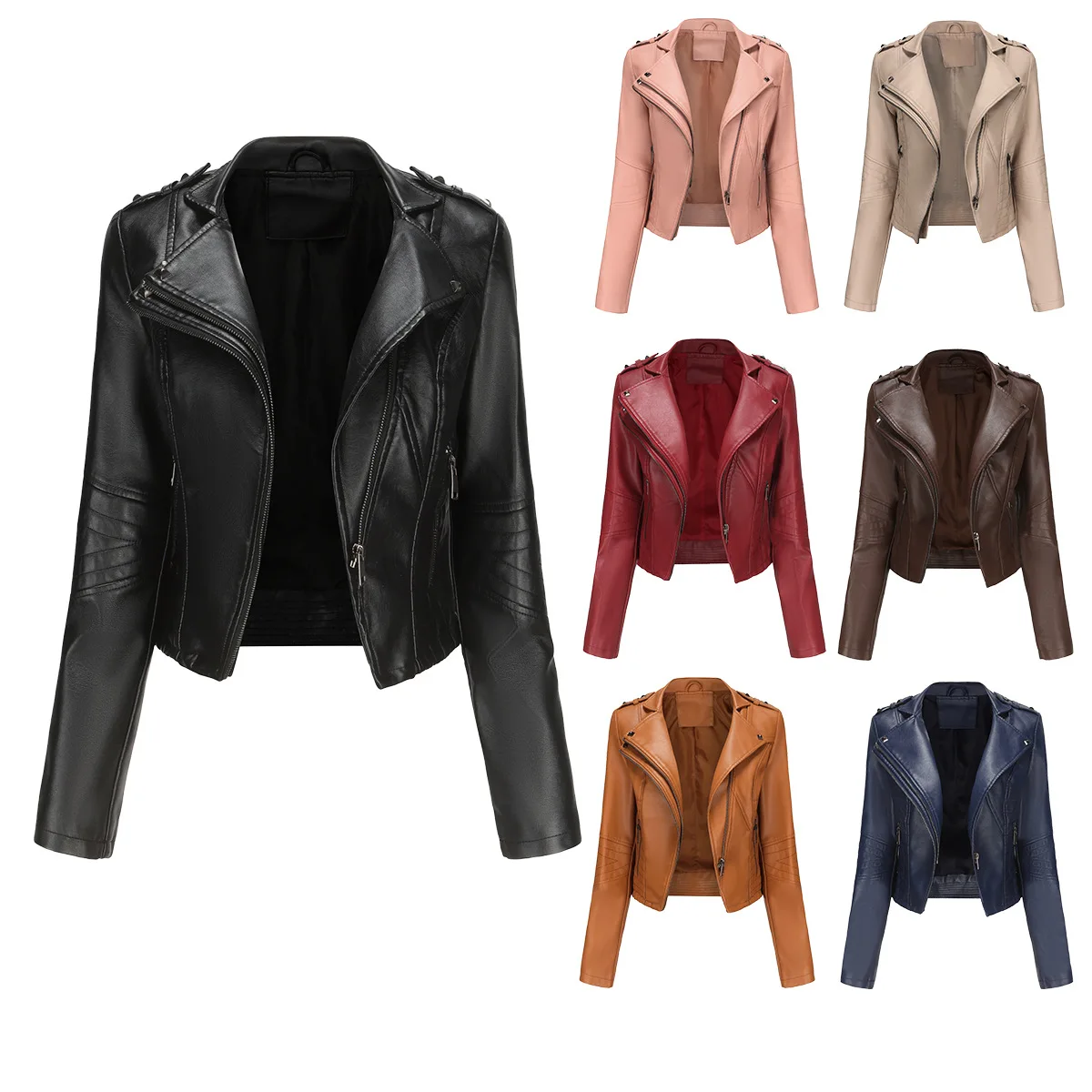 YJKDYK 2024 Spring Autumn Women\'s Leather Coat Female Pure Color Lapel Rivet Short Jacket Zipper Leather Jacket Women\'s Clothing