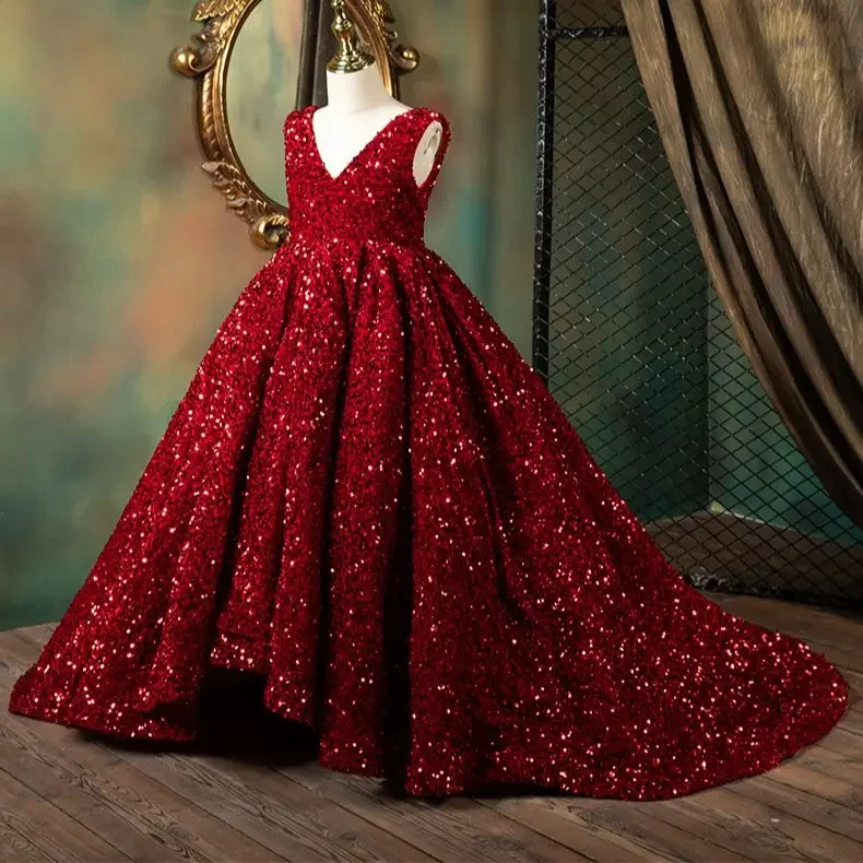 Puffy Dresses For Girls Ball Gown Prom Red Sequins Flower Girl Dresses For Wedding Kids Elegant Communion Dresses Girl 2021