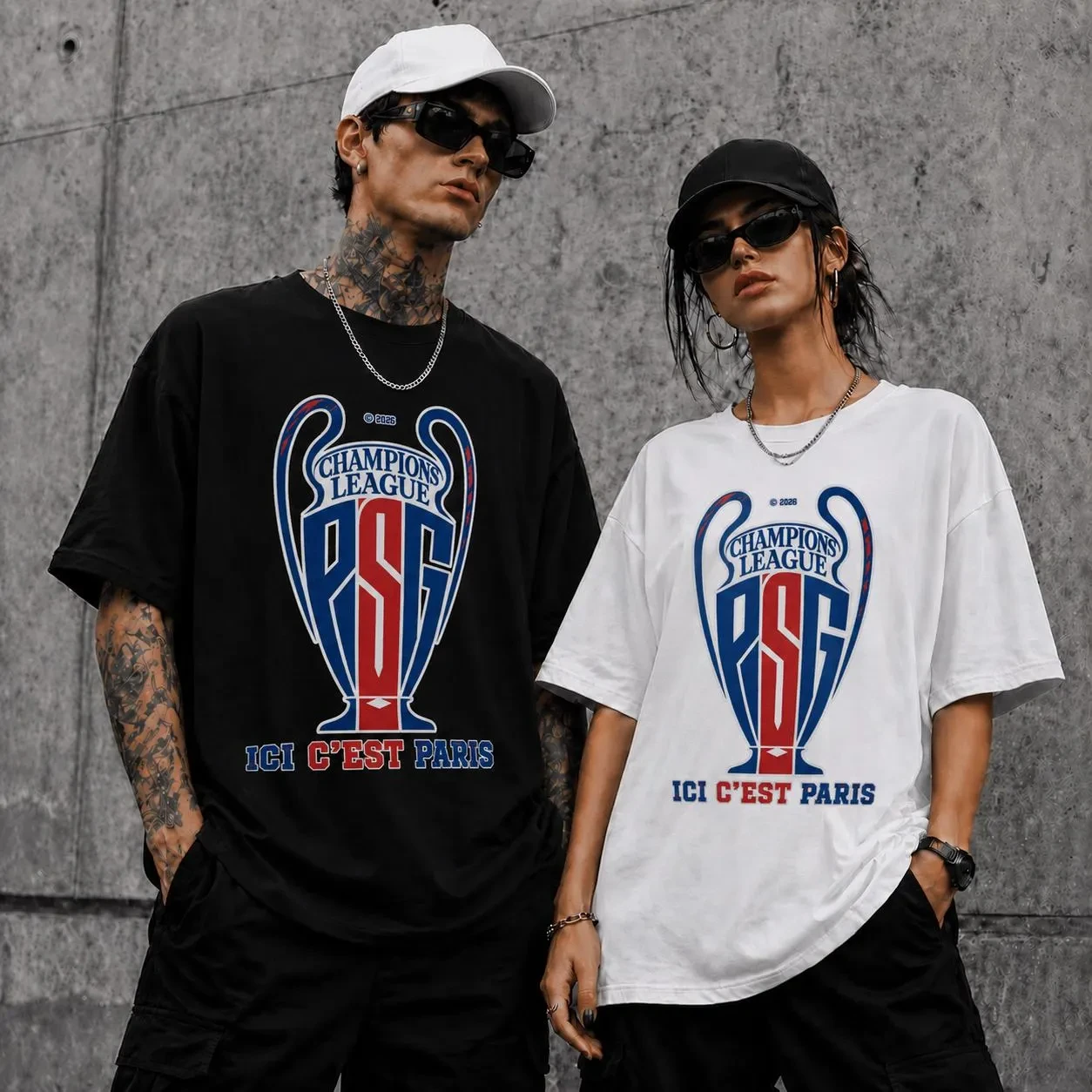 Camiseta PSG Ici C'est Paris 2026 Camiseta de Campeão de Futebol Masculina e Feminina de Verão em Algodão Oversize de Manga Curta Unissex