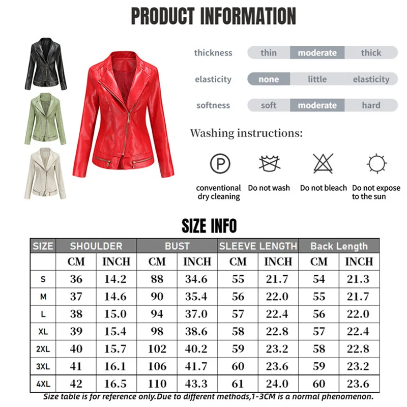 Bright Red Lapel PU Jacket Women\'s Zippered Embellished Leather Jacket Women Fashion Casual Coat of Female Outerwear