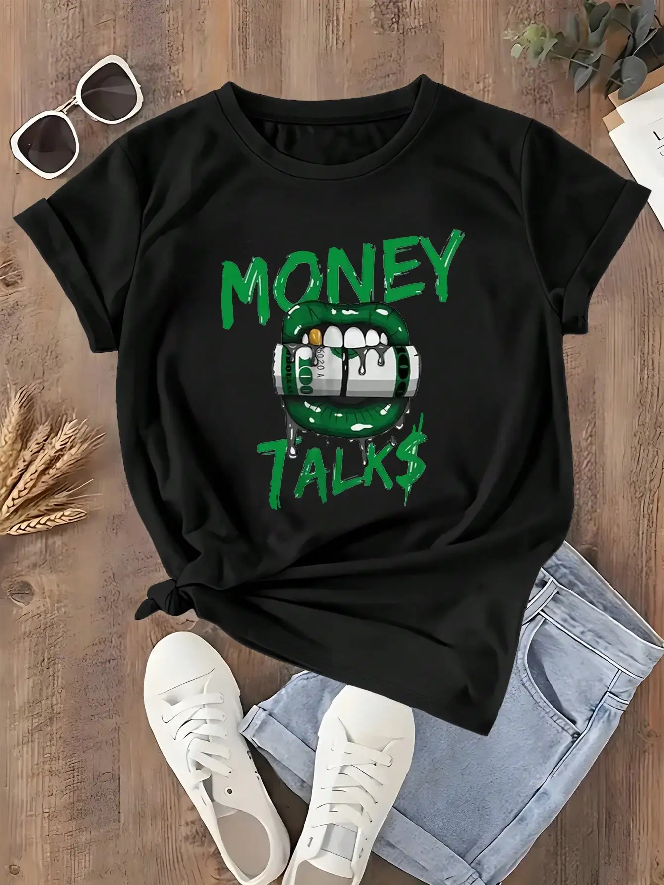 Plus Size Tops Dameskleding Alfabet Geldgesprekken Print T-shirt met korte mouwen Grafische Tees Dames Tops, bestverkopende kleding