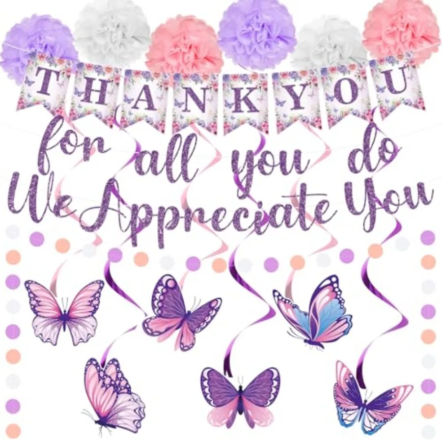 Purple We Appreciate You Banner Decorations Thank You for All You Do Banner Hanging Swirls Butterfly Employee Appreciation Deco