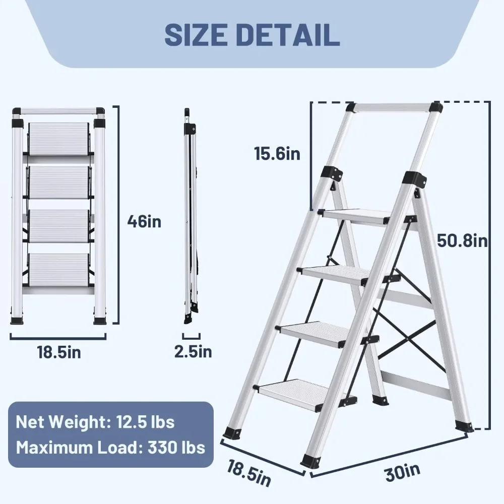 Retractable Handgrip Folding Step Stool with Anti-Slip Wide Pedal, Aluminum Stool Ladders 4 Steps