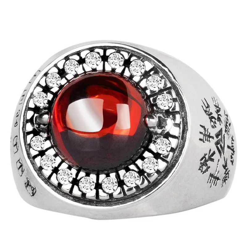 

Pop 925 Sterling Silver Red zircon index finger ring with fashionable opening and retro personality