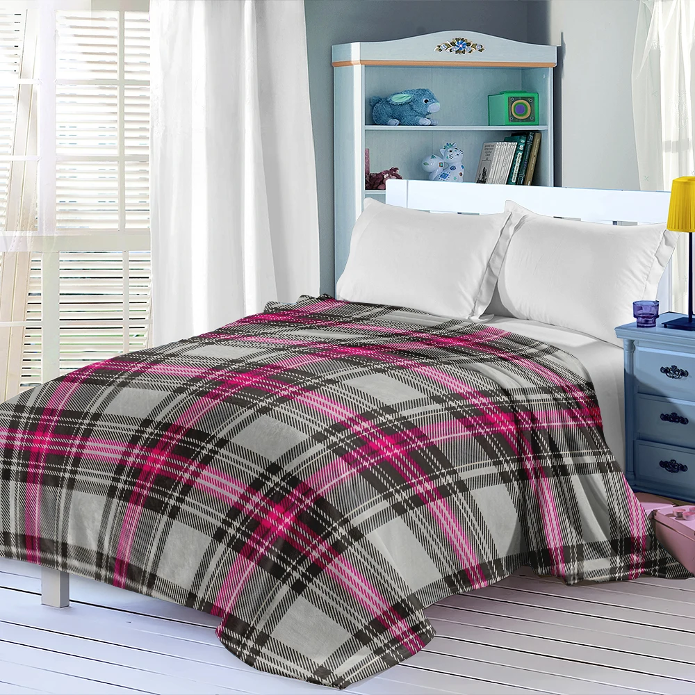 Grey Black Pink Plaid Flannel Blanket Perfect For Sofa Office Bed Travel Sleep Read Relax Camping Four Season Use
