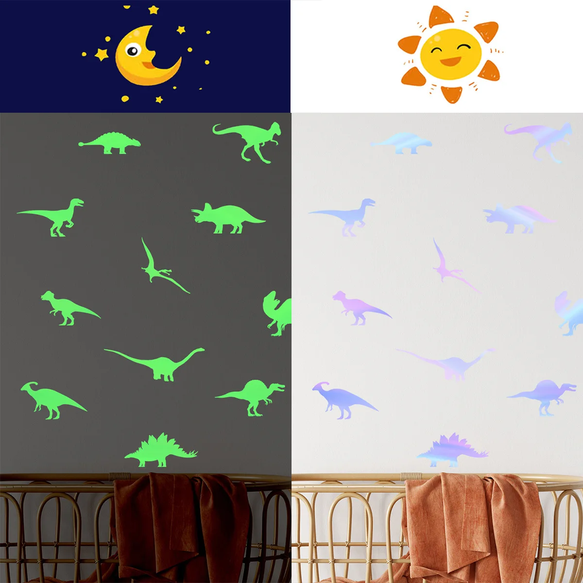 2pcs Colorful Cartoon Dinosaur Luminous Wall Stickers Living Room Bedroom Wall Room Decoration Wall Stickers Wallpaper Jdx8005