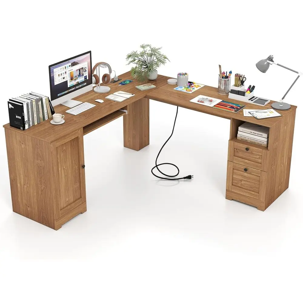 

Угловой офисный стол 66 x 66 дюймов с розетками, компьютерный стол для дома с 2 ящиками, тумбой, регулируемыми полками и подставкой для клавиатуры