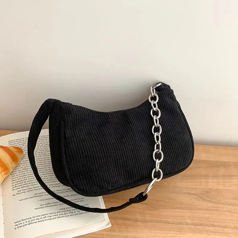 Fashion Vintage Women Handbags Corduroy Underarm Bag Casual Women Shoulder Bags Solid Color Zipper Female Handbag