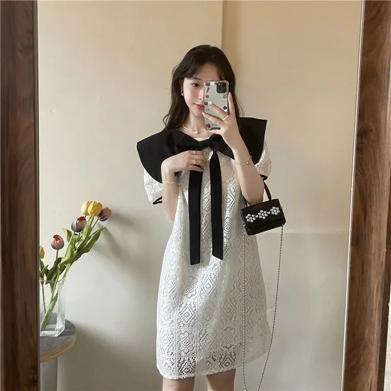 Bow Hollow Out Skirt Women Fashion Straight Summer Dress  Doll Collar Lace Cut-out Short Sleeve New French Style Gentle Dresses