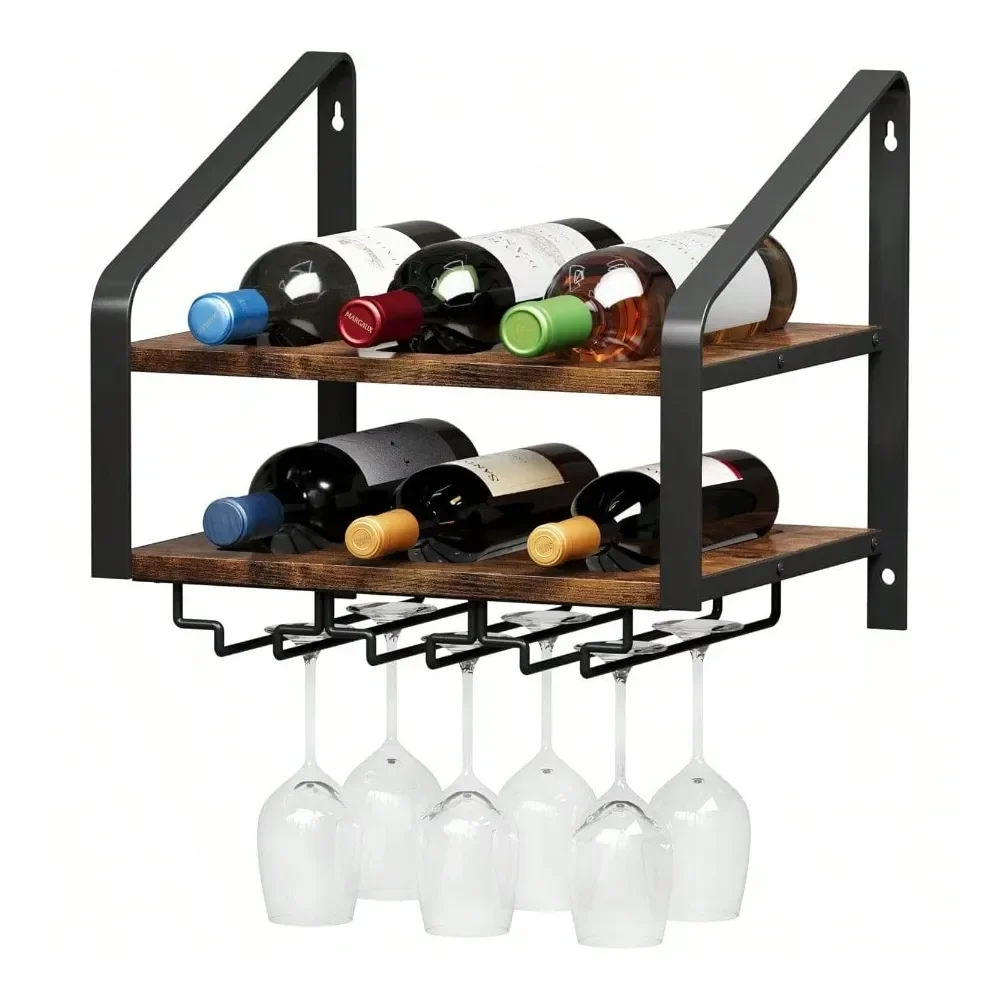 

Настенная винная полка на 6 бутылок и 6 бокалов, двухуровневая, деревянная, для дома и офиса