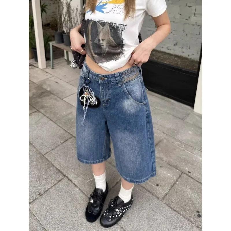 Summer Women's Fashion Button-Up Denim Shorts Y2k Girl Wide Leg Streetwear High Waist Half Trousers Female Calf-length Pants