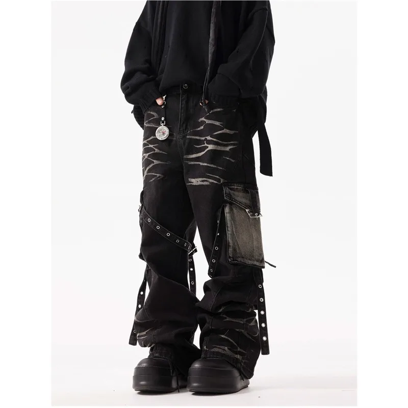 

Джинсы из гофрированного американского ретро с несколькими карманами на бретелях и нишевым дизайном, прочные свободные прямые брюки для рабочей одежды для мужчин