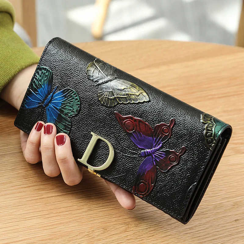 Western Cowhide Leather Three-dimensional Carving Women Wallet Fashion Large Capacity Purse for Ladies