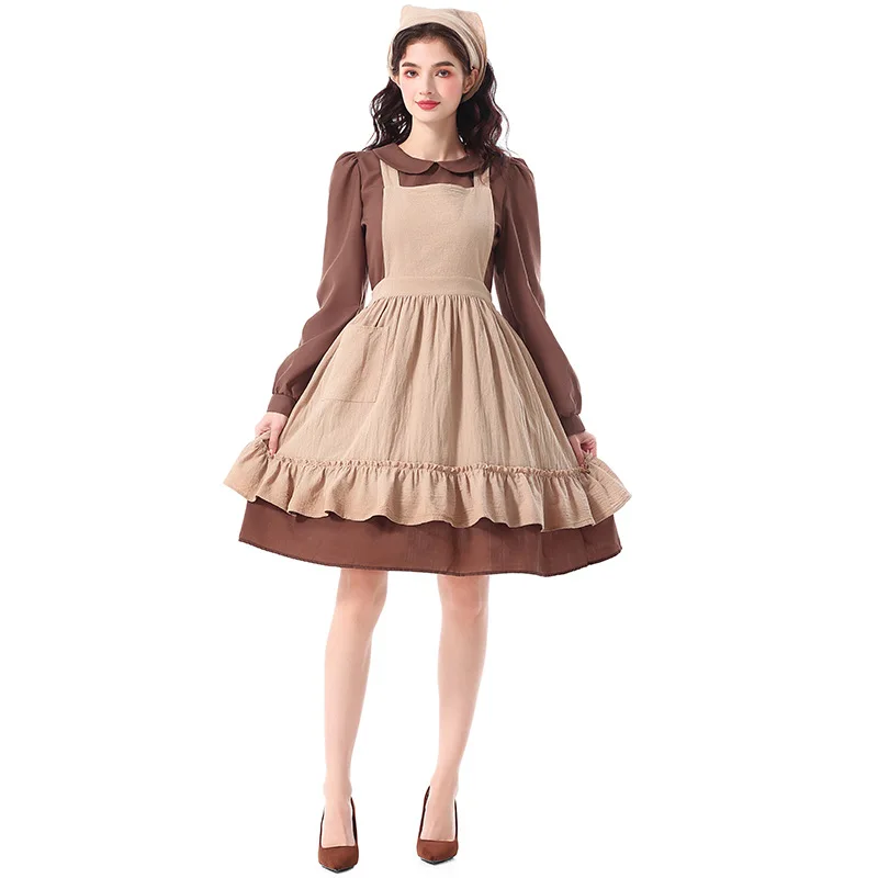 

French Costume Women Elegant Lolita Dress Halloween Cosplay Outfit Style Long Sleeve Apron Themed Party Attire Prairie Dress