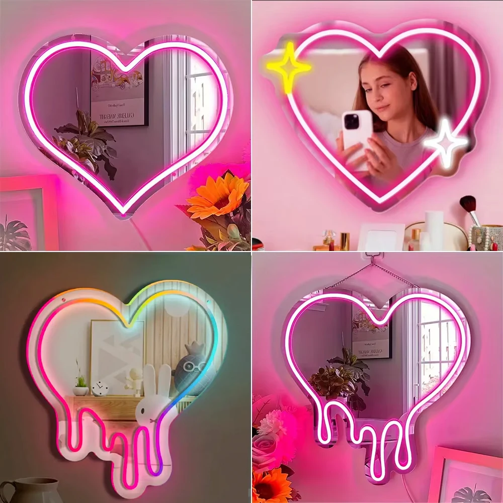 Love Mirror Neon Sign Bedroom Wall Decor Makeup Vanity Mirror Wedding Party Reception Room Decoration Romantic Birthday Gift