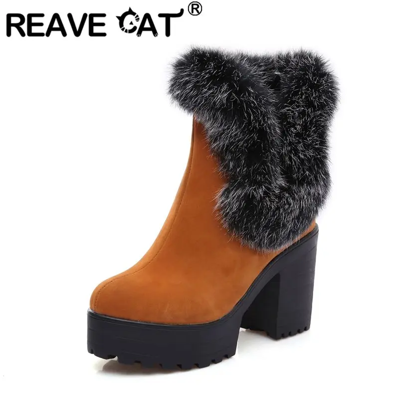 REAVE CAT Yellow Women Snow Boots Round Toe 9.5cm Block Heel 4cm Platform Flock Suede Warm Plush Short Ankle Bota Big Size 45 46