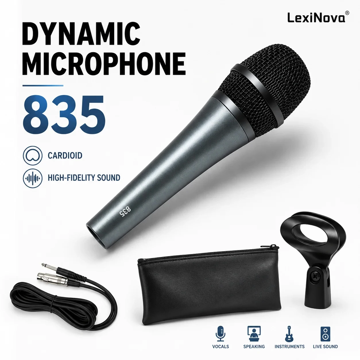 LexiNova 835 Professional Dynamic Microphone Wired Handheld Vocal Mic For Singing Live Recording Stage Performance Karaoke HD
