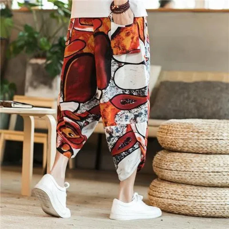 High Street Fashion Casual Summer Men\'s Elastic Waist Fiberflax Printing Pocket Trend Versatile Loose Calf Length Beach Shorts