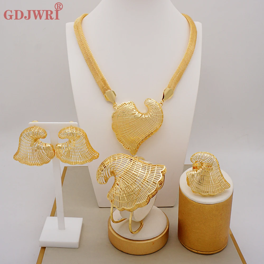 New Dubai Gold Color Jewelry Set For Women Indian Earring & Necklace Nigeria Moroccan Bridal Accessorie Wedding Bracelet Party