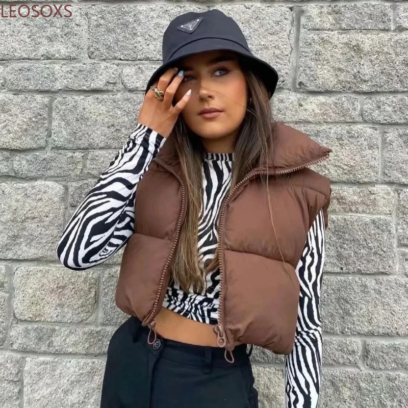 Fall Winter Warm Cropped Vest Jackets for Women Fashion Sleeveless Stand Collar Zip Up Puffer Waistcoat Street Style Outwear