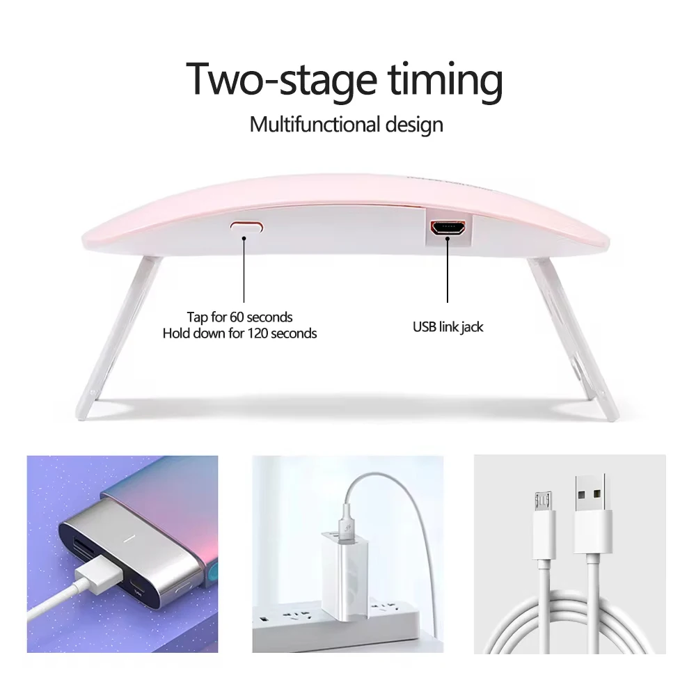 휴대용 미니 네일 드라이어 기계, USB 케이블로 광택제 바니시 건조용 가정용 네일 램프, 6 LED UV 매니큐어 램프, 6W