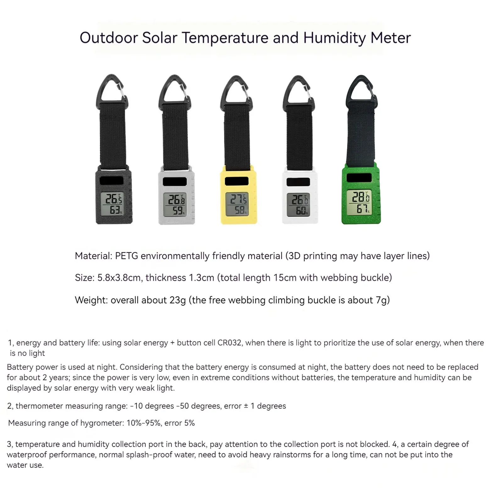 Portable Digital Thermometer Hygrometer w/ Keychain Splash Proof IPX4 Clock Function Backlight for Backpacking, Skiing, Outdoor
