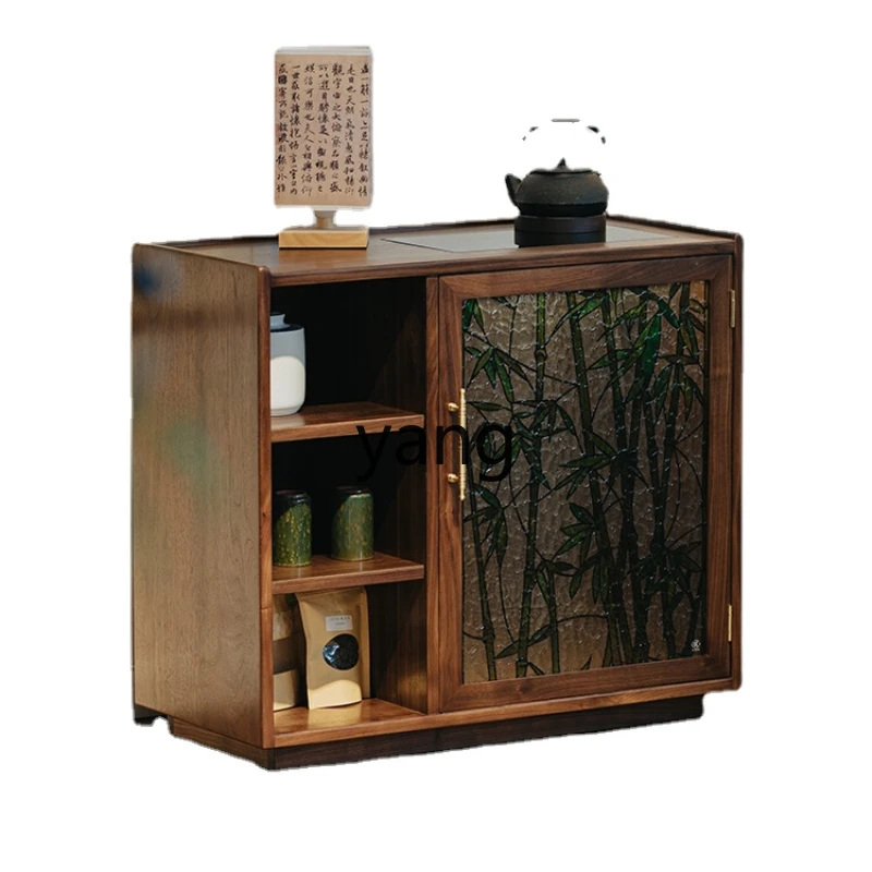 

CX Bamboo Shadow Tea Table Black Walnut Movable Tea Cabinet Living Room Home Solid Wood Tea Side Cabinet