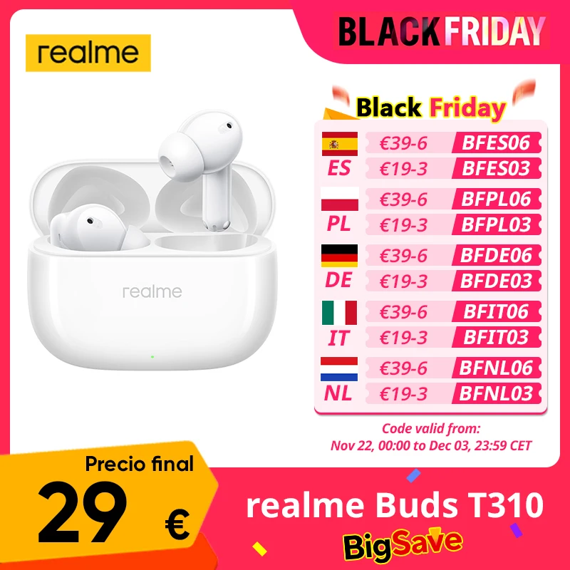 Global Version realme Buds T310 46dB Hybrid Noise Cancellation 40Hours Total Playback 12.4mm Dynamic Bass Driver IP55 Waterproof