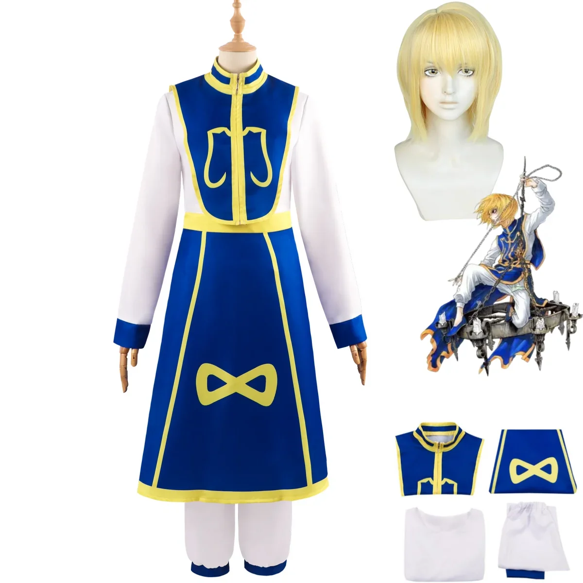 Anime HUNTER×HUNTER Kurapika Cosplay Costume Wig Blue Fighting Uniform Full Set Adult Man Halloween Carnival Suit