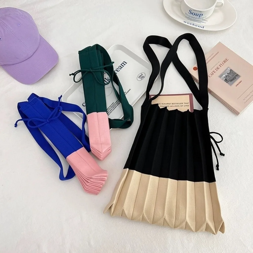 

Handbag Knit Folding Shopping Bag Large Capacity Shoulder Pouch Foldable Eco Bag Eco-Friendly Contrast Color Pleated Bag
