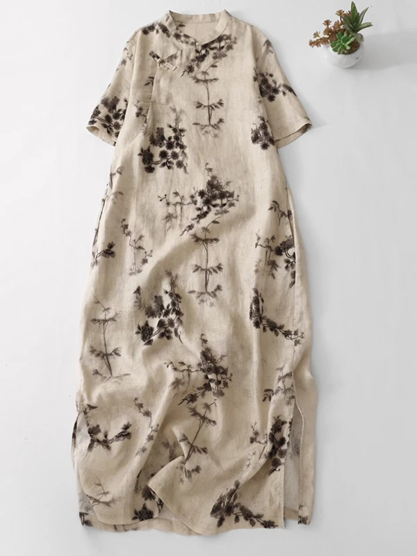 

Высококачественный новый китайский женский платье большого размера с дизайном на пуговицах, льняной принт, улучшенный летний свободный крой для поездок на работу