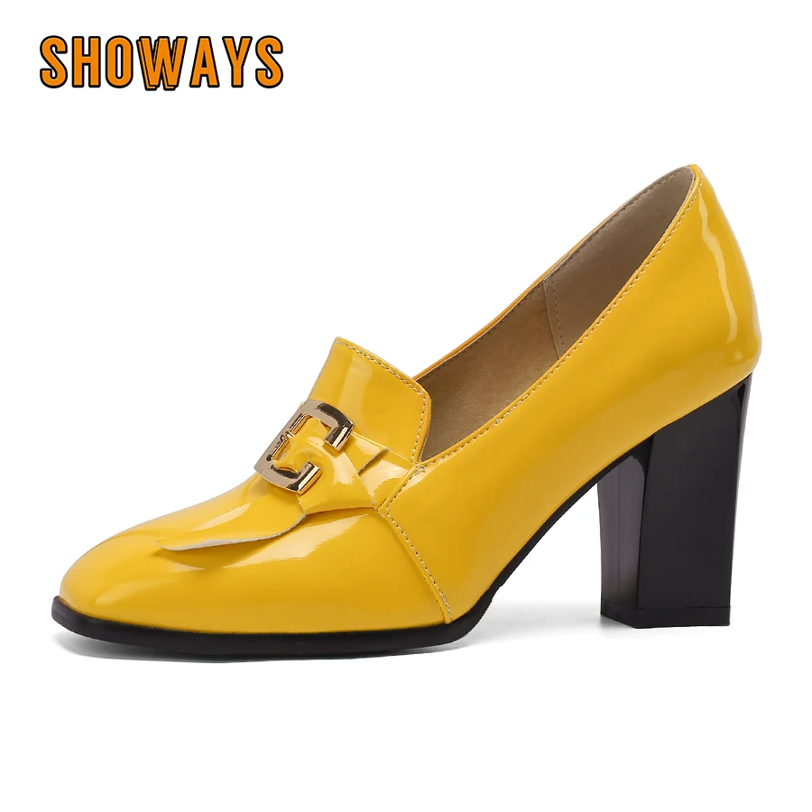 Quadratische Schnallen-Pumps für Damen in Gelb und Schwarz aus Lackleder mit Hohem Blockabsatz, Loafer für Party, Büro und Britischen Stil