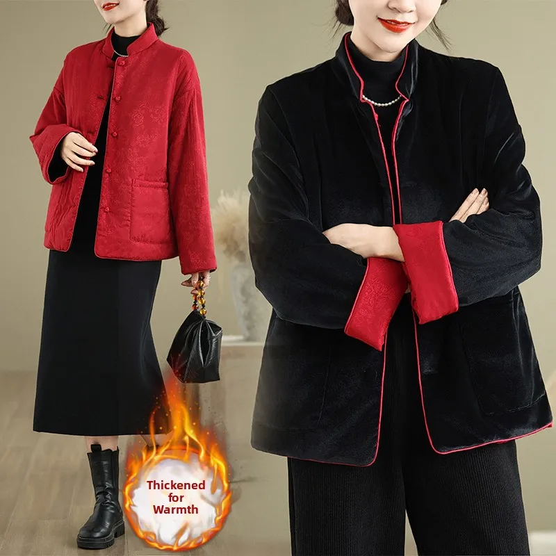 

New Chinese Sle Women's Jaet Double-Sided Wear Cotton Lined Gold Velvet Winter Thiened Red Cotton Coat for New Year