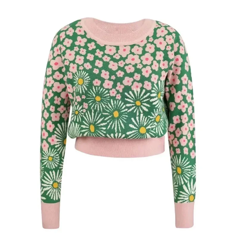 Flower Jacquard Knitted Sweater Pullover Women Vintage Fashion Loose Tops Autumn Winter Long Sleeve O-neck Ladies Jumpers Y2K