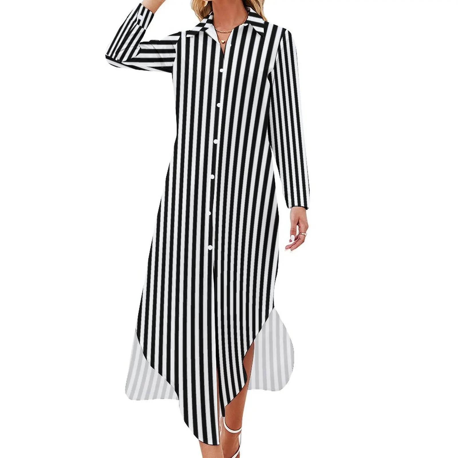 

Slimming Black White Striped Mini Skirt Long Sleeved Shirt Dress Dresses woman dress