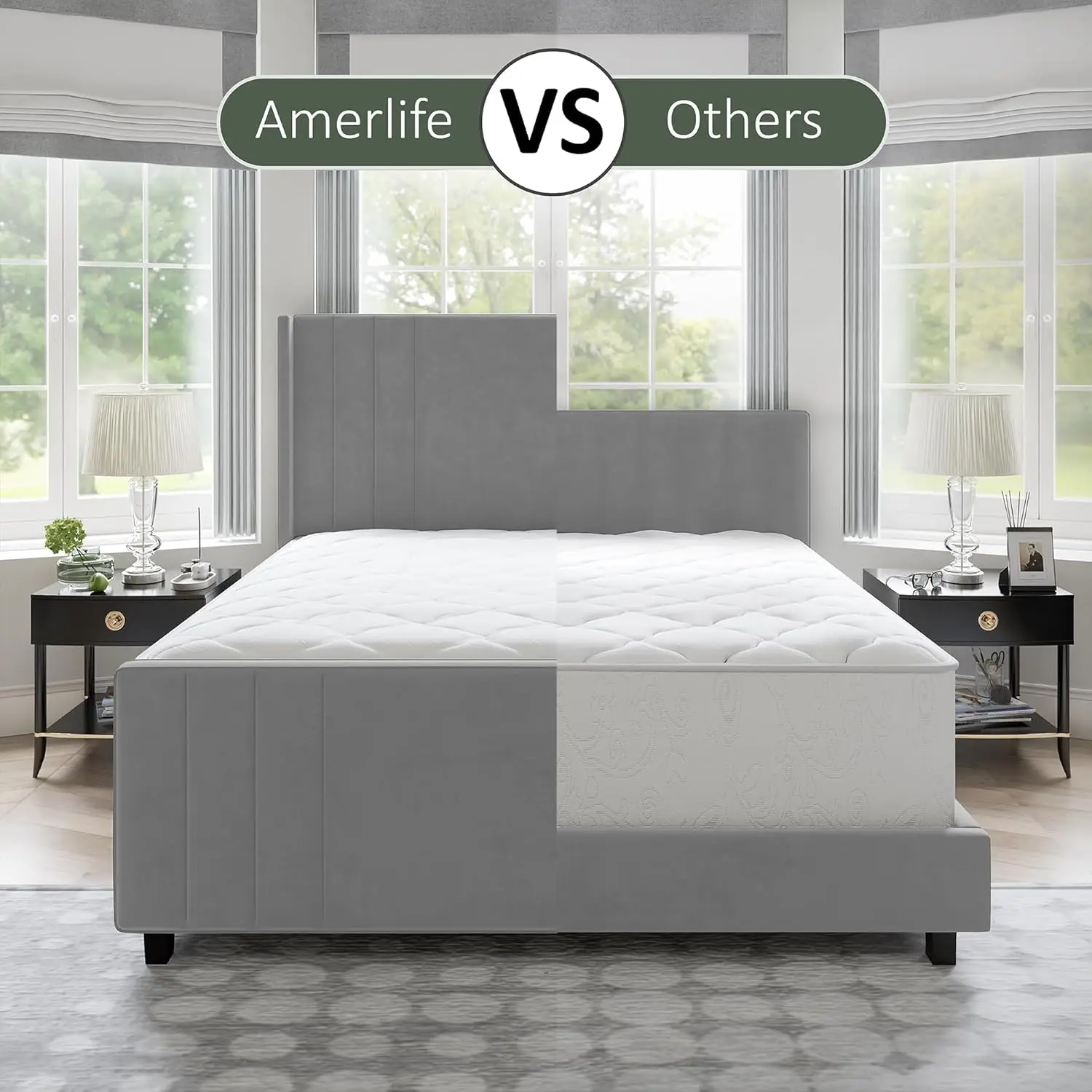 AMERLIFE Queen bedframe, fluweel gestoffeerd platform met kanaalgetuft vleugelrughoofdeinde, houten latten, geen boxspring, lichtgrijs.