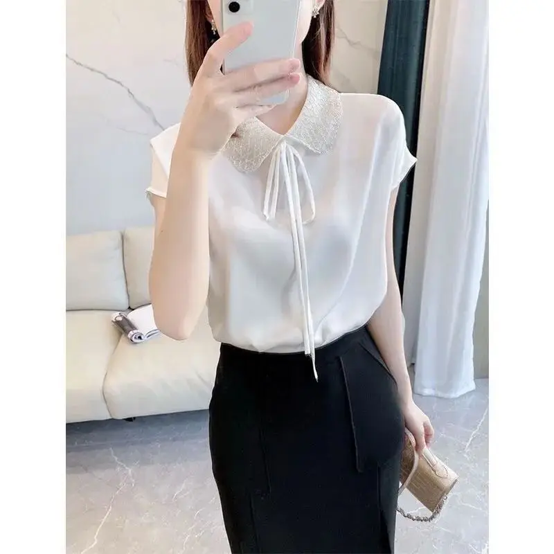 Summer New Fashionable Elegant Solid Blouse Spliced Gauze Peter Pan Collar Drawstring Loose Short Sleeve Women\'s Pullover Shirts