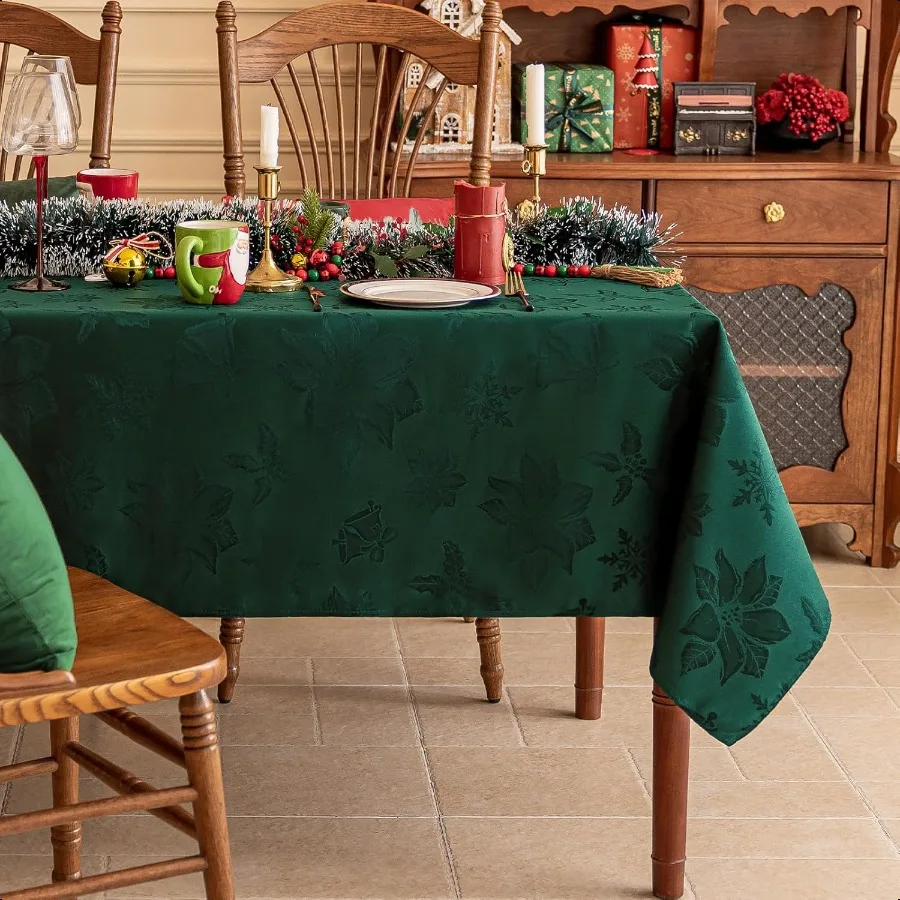 

Christmas Jacquard Tablecloth Winter Damask Rec Table Cover Waterproof Poinsettia Snowflakes Polyester Table Cloths Decor for