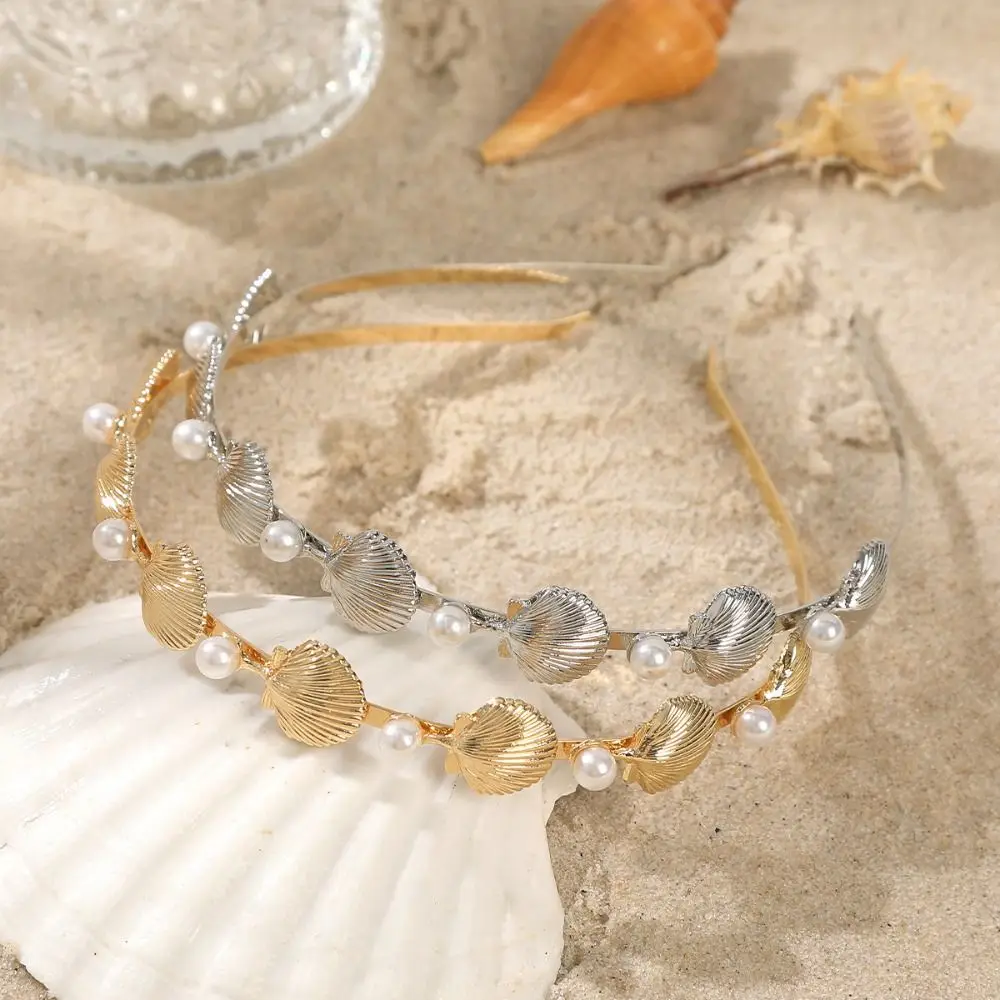 Korean Headpiece Gold Color Starfish Shell Headband Silver Irregular Pearl Hair Hoop Chic Elegant Crown Tiaras Women view 5