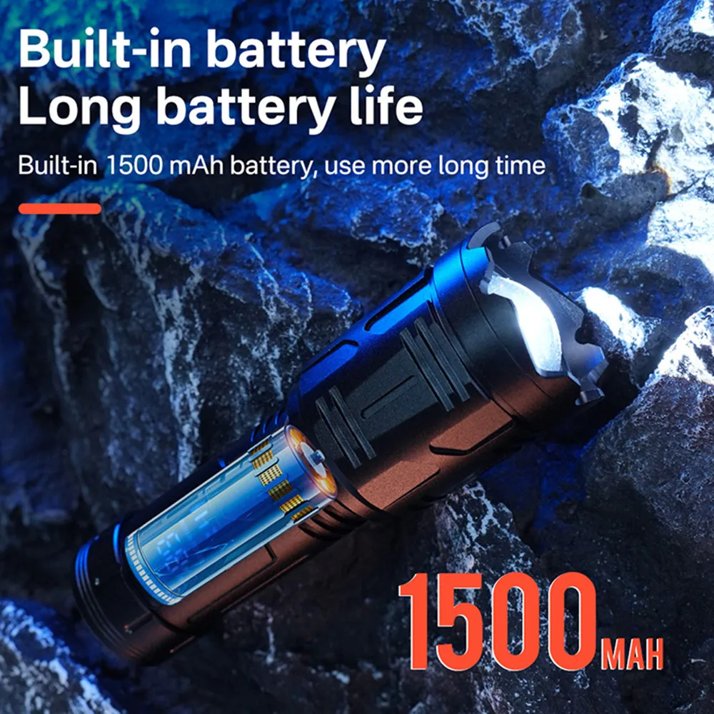 Lanterna LED de Alta Potência, Recarregável, Zoomable, Display Digital, Tocha Tática, Carregamento Tipo-C, Lanterna Portátil para Camping