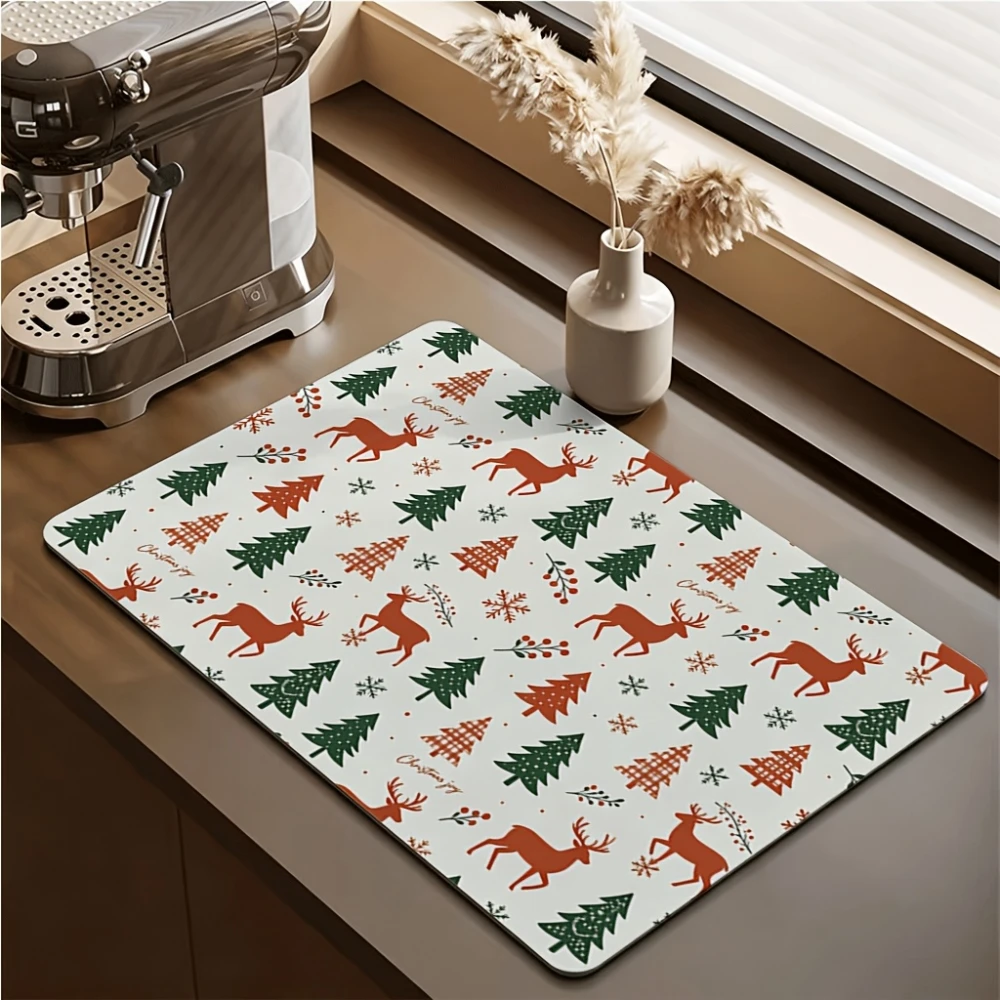 Xmas Christmas Tree Deer Fast Drying Kitchen Desk Pad Super Absorbent Coffee Maker Countertop Mat Heat Resistant Placemat