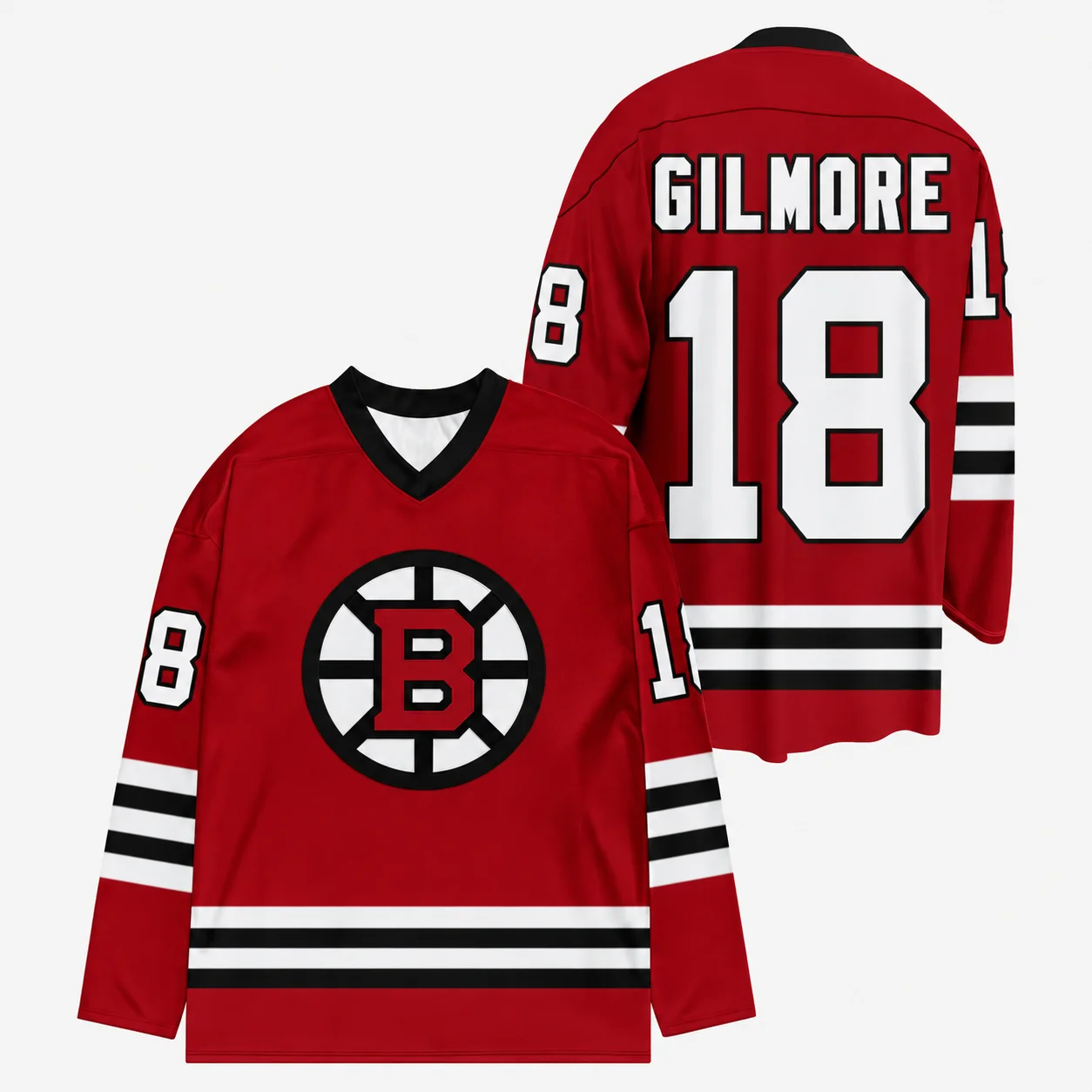 Happy Gilmore 2 Hockey-Trikot 18, V-Ausschnitt, langärmelig, schwarz-goldener Streifen, Boston Bruins-Stil, Unisex, für Männer und Frauen, Geschenk für Filmfans. – Detail 5