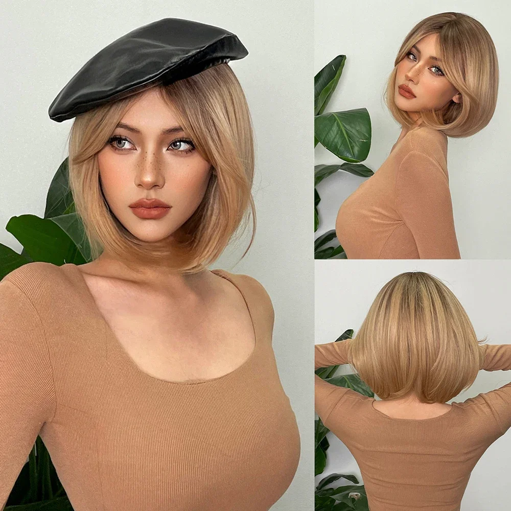 Straight Golden Synthetic Wigs with Curtain Bangs Short Bob Light Brown For Women Cosplay Daily Wigs